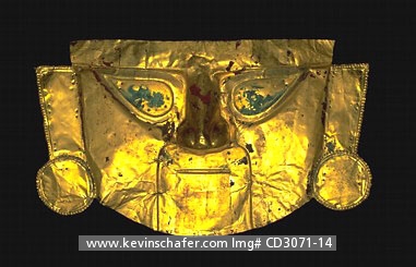 PERU: Gold Mask, Chimu Period, 600-800 A.D.,  made of gold, displayed at the Gold Museum, Lima.