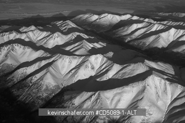 ALASKA: Chugach Range, near Anchorage, winter aerial, Chugach State Park, black and white.