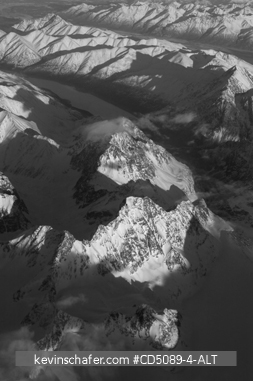 ALASKA: Chugach Range, near Anchorage, winter aerial, Chugach State Park, black and white.