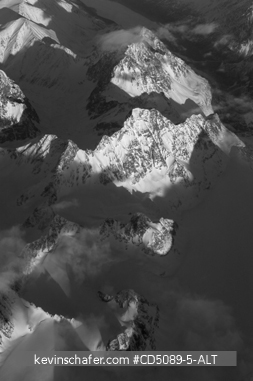 ALASKA: Chugach Range, near Anchorage, winter aerial, Chugach State Park, black and white.