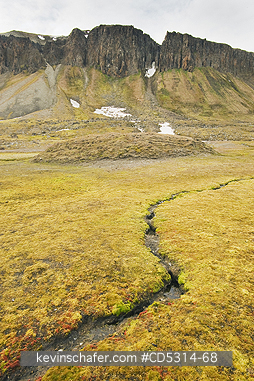 SVALBARD: Meltwater stream and Pingo (Ice-heave dome), Kapp Freeden, Svalbard