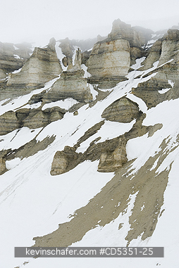 NORWAY, SVALBARD: Sedimentary cliffs in fog, Vaigattbogen, Svalbard, Norway