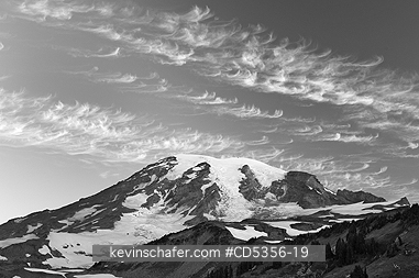 MT RAINIER, WASHINGTON: Cirrus Clouds over Paradise area, Mt. Rainier National Park, Washington, black and white