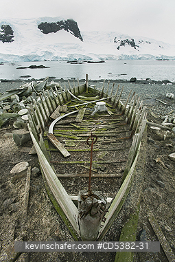ANTARCTICA, PEOPLE: Water boat used by whalers, Mikkelsen Harbor, Trinity island, Antarctic Peninsula