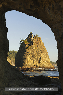 WASHINGTON, COAST: View of Sea Stack through Hole-in-the-Wall natural arch, Rialto Beach, Olympic National Park, Washington