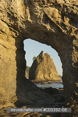 WASHINGTON, COAST: View of Sea Stack through Hole-in-the-Wall natural arch, Rialto Beach, Olympic National Park, Washington