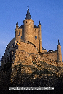 SPAIN: Segovia, Alcazai tower against blue sky.