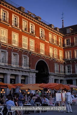 SPAIN: Madrid, Plaza Mayor, scene of outdoor cafe.