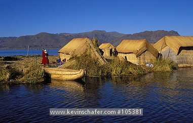 PERU: Andes, Lake Titicaca, 3,810 meters, Uros Island, floating village, native people living on floating totora reeds.