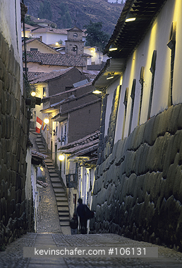 PERU: Peru, Cuzco, Old City, Hatunrumiyoc, ancient Incan street at dusk.