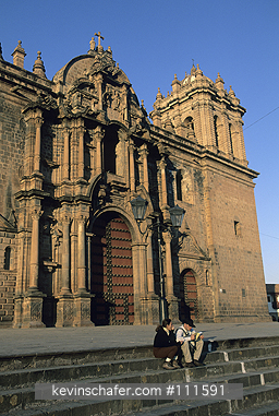 PERU: Peru, Cuzco, Plaza de Armas (Main Square), Evening on the steps of the cathedral.
