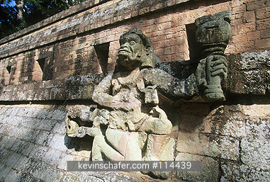 HONDURAS: Honduras, Copan, Copan Mayan ruins, West Court, Monkey sculpture which could represent the Mayan wind god.