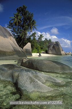 SEYCHELLES: La Digue Island, granite boulders on coast.