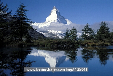 SWITZERLAND: Matterhorn with elevation of 4478m / 14,776ft, seen from Grinjsee.  Larch trees above Zermatt.