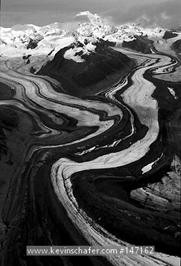 ALASKA: Alaska Range, interior, Susitna Glacier, Mt. Deborah, complex medial moraines, Surging. (color original)