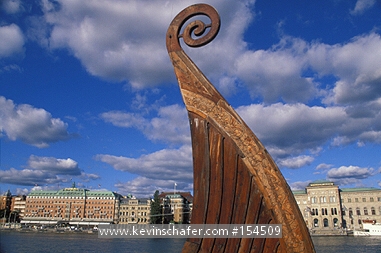 SWEDEN: Stockholm, harbor, from Gamla Stan, replica Viking boat, Grand Hotel.