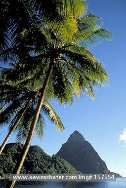 ST. LUCIA: Caribbean, St. Lucia, Soufriere town, Les Pitons, Dramatic volcanic rocks above beach.