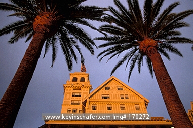 CALIFORNIA: USA, California, Berkeley, Low angle view of Claremont Hotel and palm trees. (Canary Island Date Palm, Phoenix canariensis)
