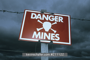 FALKLAND ISLANDS: Falkland Islands, Mines warning sign along main road, Relic of the 1982 war with Argentina.