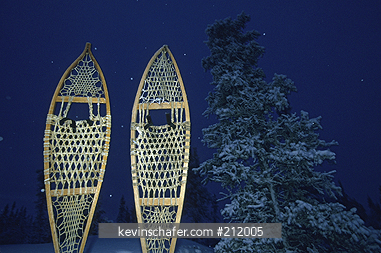 CANADA, ARCTIC: Blachford Lodge, near Yellowknife, snowshoes left out at night, Great Slave Lake area, Northwest Territories.