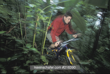 COSTA RICA, PEOPLE: Arenal Volcano area, Fortuna, man bicycling in rainforest. MR