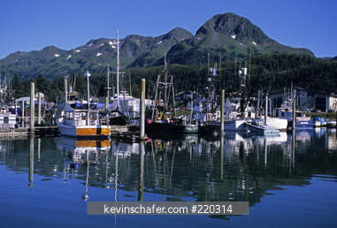 ALASKA, USA: Cordova, Prince William Sound, harbor on clear summer day.