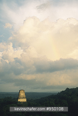 GUATEMALA, TIKAL: Tikal Maya Ruin from a distance, clearing storm at sunset.