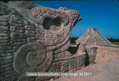 MEXICO, CHICHEN ITZA: Kukulcan from Temple of the Warriors, detail of carvings and El Castillo, Maya Ruins.