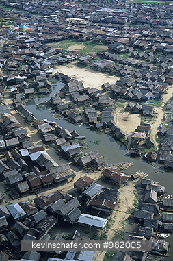 PERU: Iquitos, Amazon river port, slums of Belen from aerial view.