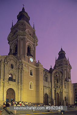 PERU: Lima, Cathedral, Plaza de Armas, weekend at dusk.
